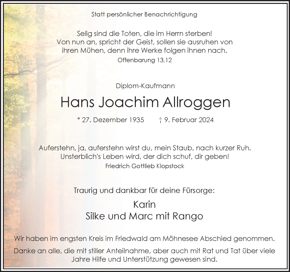  Traueranzeige für Hans Joachim Allroggen vom 11.05.2024 aus Hellweger Anzeiger