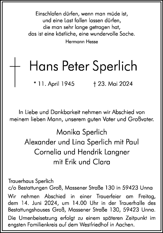 Traueranzeige von Hans Peter Sperlich 