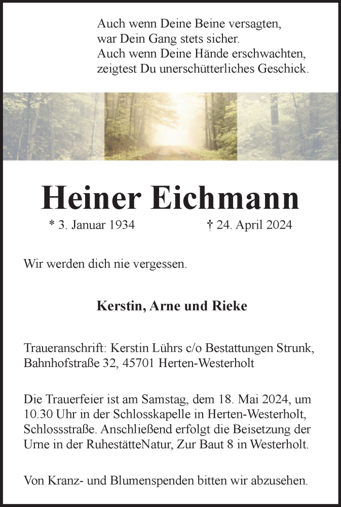  Traueranzeige für Heiner Eichmann vom 17.05.2024 aus Medienhaus Bauer