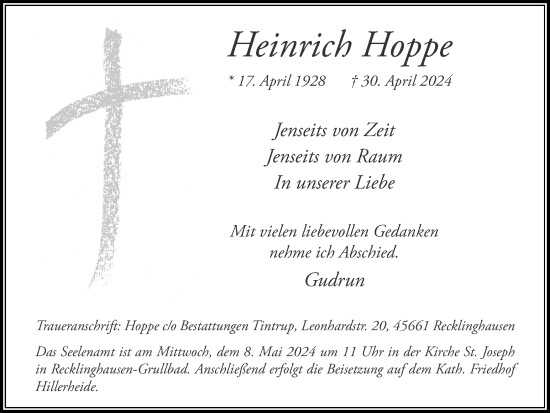 Traueranzeige von Heinrich Hoppe