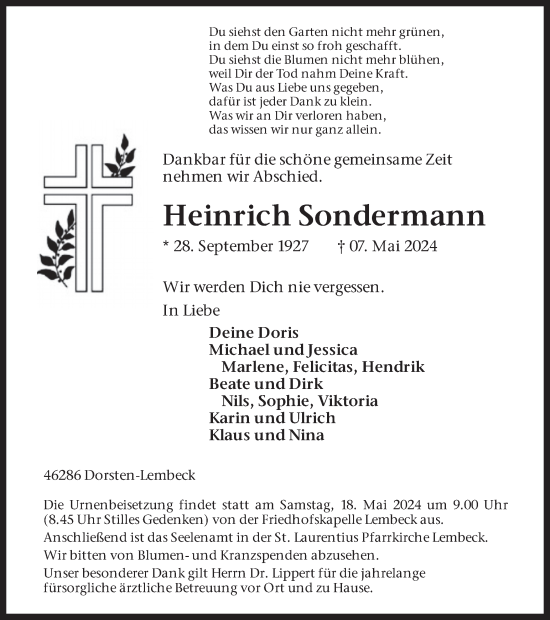 Traueranzeige von Heinrich Sondermann von Ruhr Nachrichten und Dorstener Zeitung