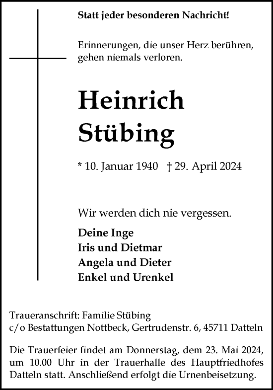 Traueranzeige von Heinrich Stübing
