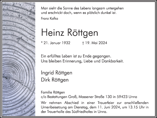 Traueranzeige von Heinz Röttgen von Hellweger Anzeiger