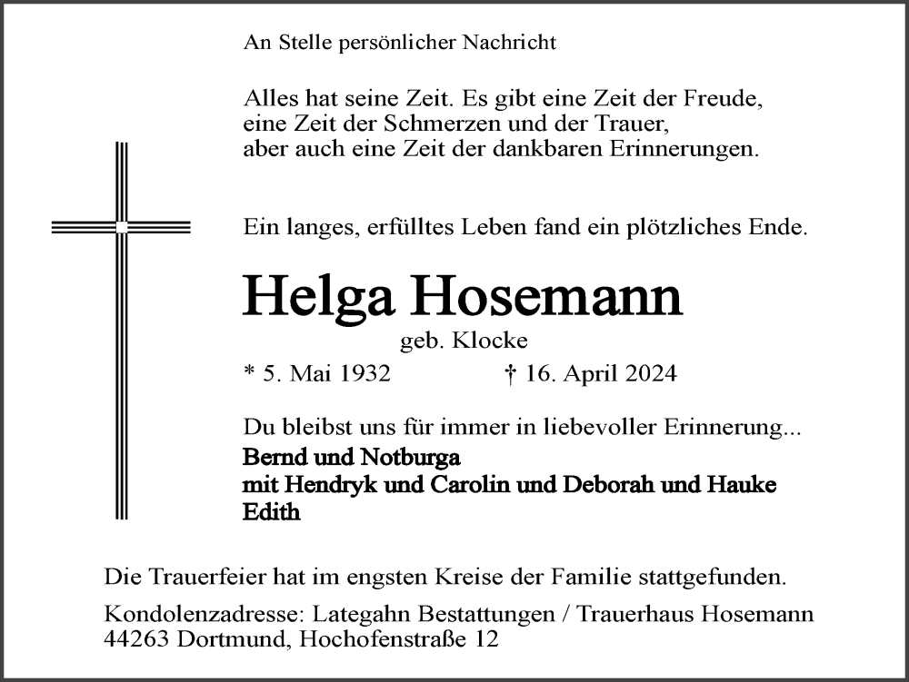  Traueranzeige für Helga Hosemann vom 11.05.2024 aus 