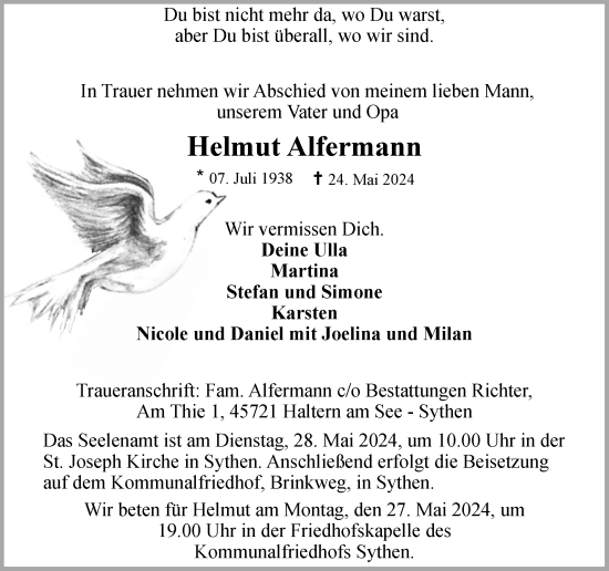 Traueranzeige von Helmut Alfermann von Ruhr Nachrichten und Halterner Zeitung