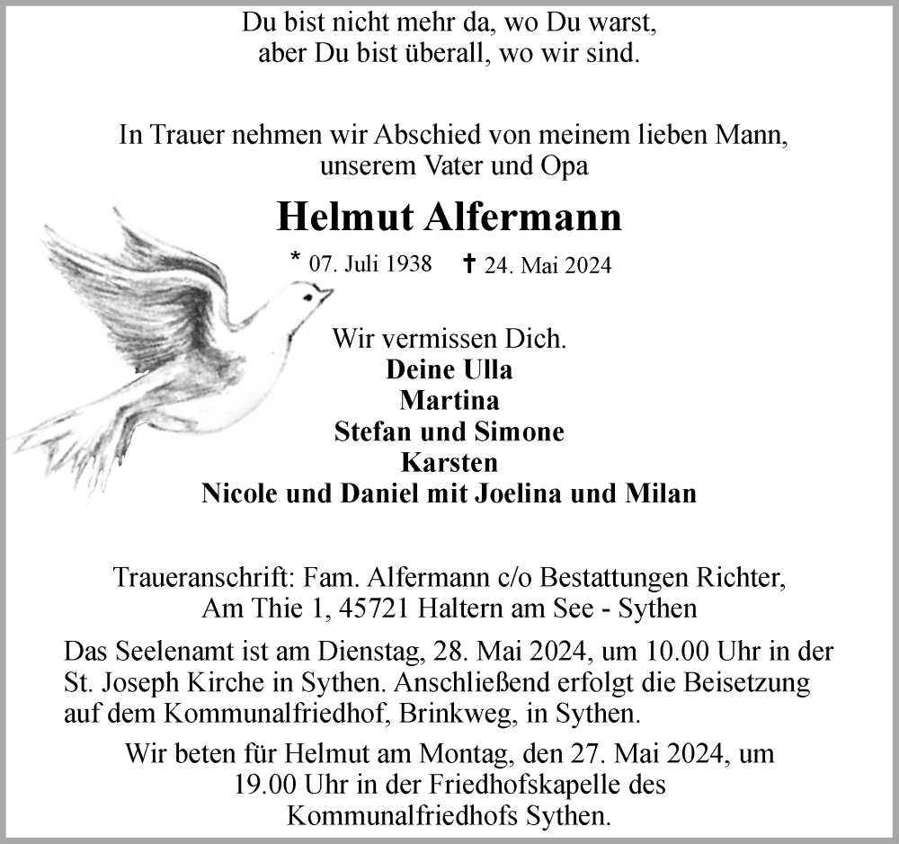  Traueranzeige für Helmut Alfermann vom 27.05.2024 aus Ruhr Nachrichten und Halterner Zeitung