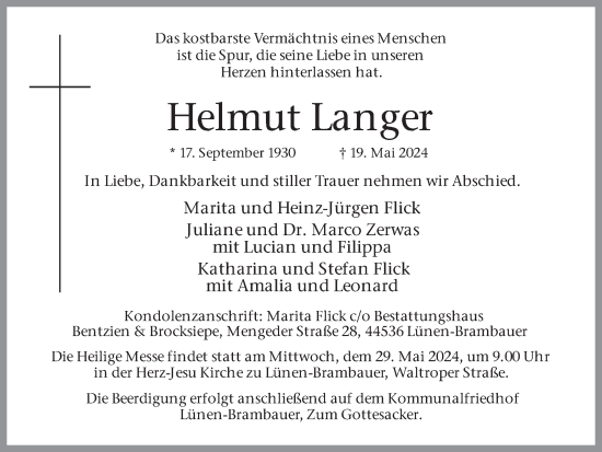 Traueranzeige von Helmut Langer von Ruhr Nachrichten