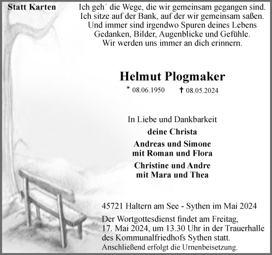 Traueranzeige von Helmut Plogmaker von Ruhr Nachrichten und Halterner Zeitung