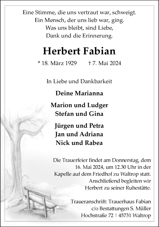 Traueranzeige von Herbert Fabian von Medienhaus Bauer