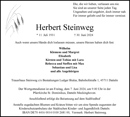 Traueranzeige von Herbert Steinweg