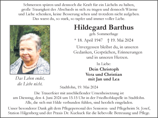 Traueranzeige von Hildegard Barthus