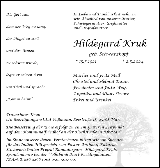 Traueranzeige von Hildegard Kruk