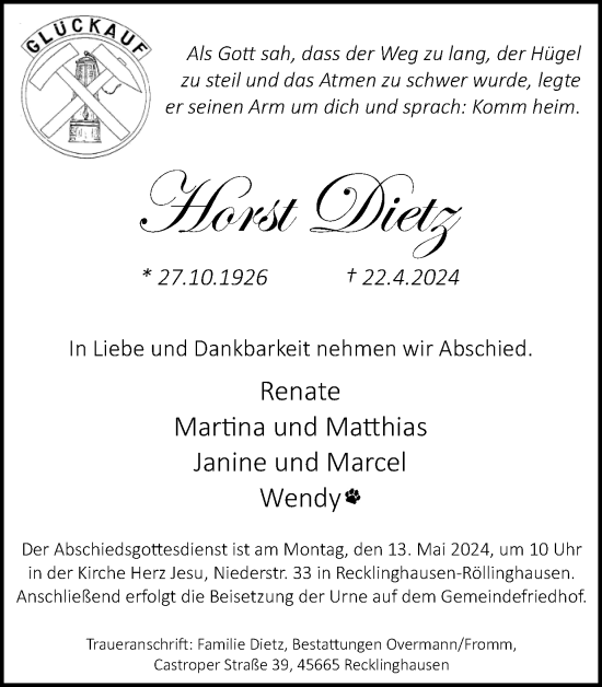 Traueranzeige von Horst Dietz von Medienhaus Bauer