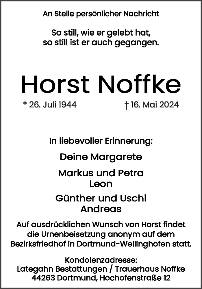  Traueranzeige für Horst Noffke vom 25.05.2024 aus 