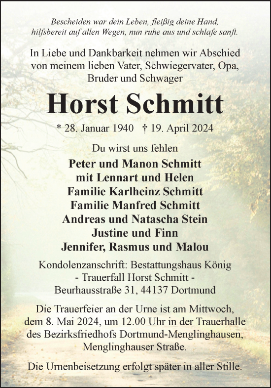 Traueranzeige von Horst Schmitt 