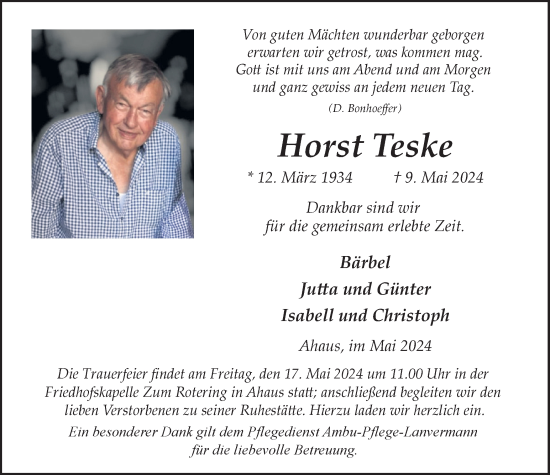 Traueranzeige von Horst Teske