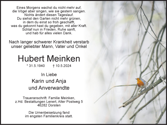 Traueranzeige von Hubert Meinken von Ruhr Nachrichten und Dorstener Zeitung