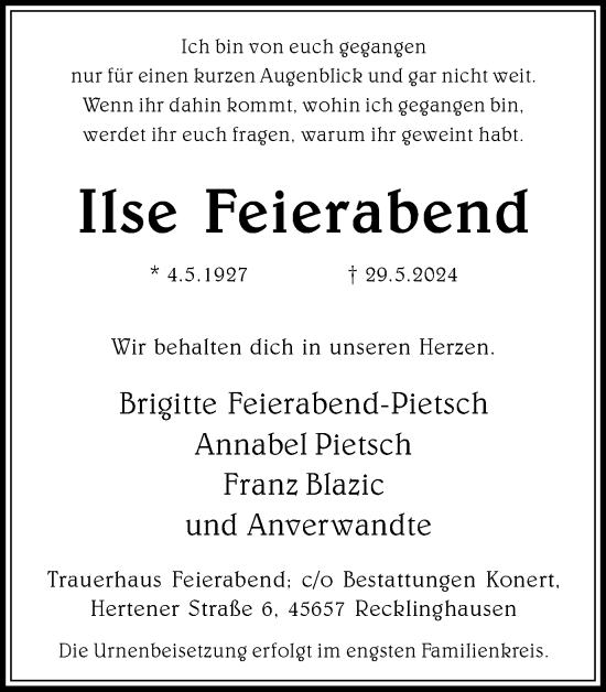 Traueranzeige von Ilse Feierabend von Medienhaus Bauer