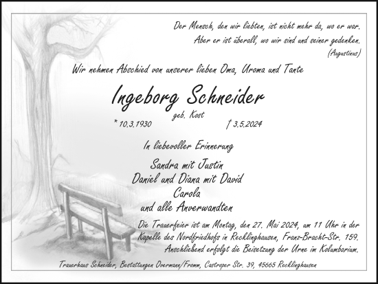 Traueranzeige von Ingeborg Schneider von Medienhaus Bauer