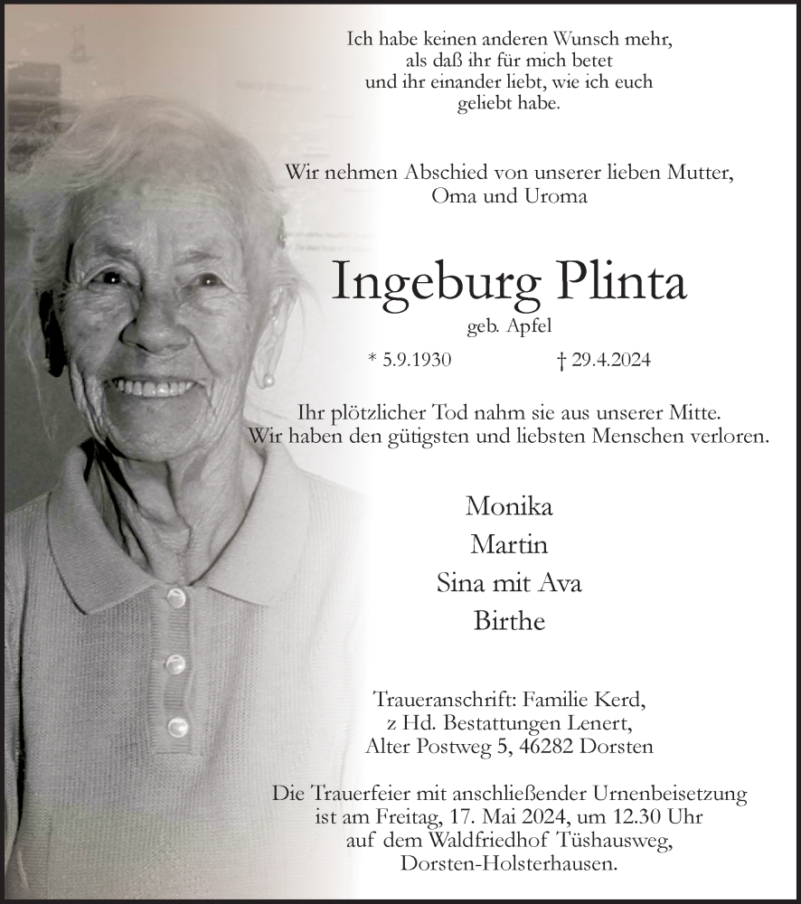  Traueranzeige für Ingeburg Plinta vom 11.05.2024 aus Ruhr Nachrichten und Dorstener Zeitung