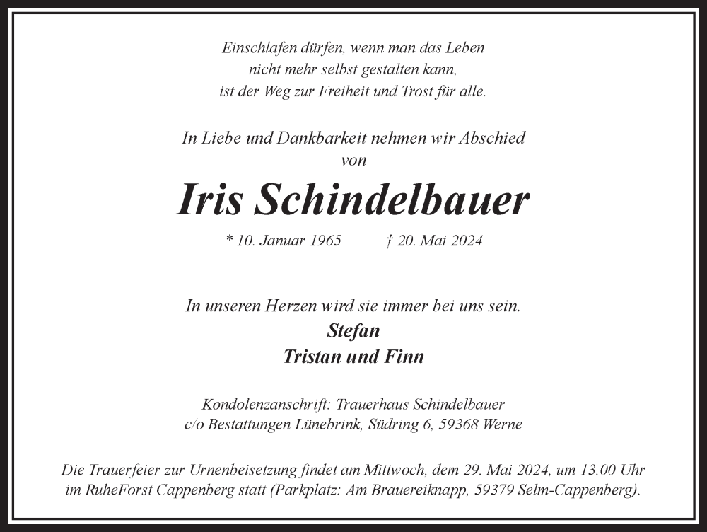  Traueranzeige für Iris Schindelbauer vom 25.05.2024 aus Ruhr Nachrichten