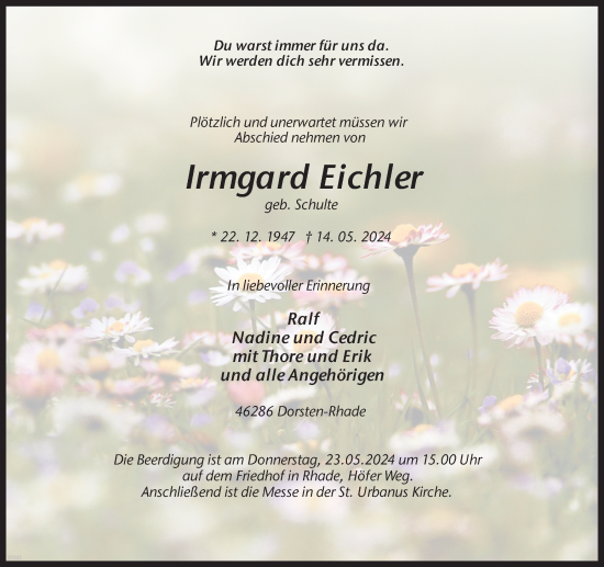 Traueranzeige von Irmgard Eichler von Ruhr Nachrichten und Dorstener Zeitung