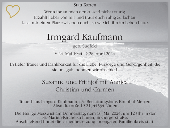Traueranzeige von Irmgard Kaufmann 