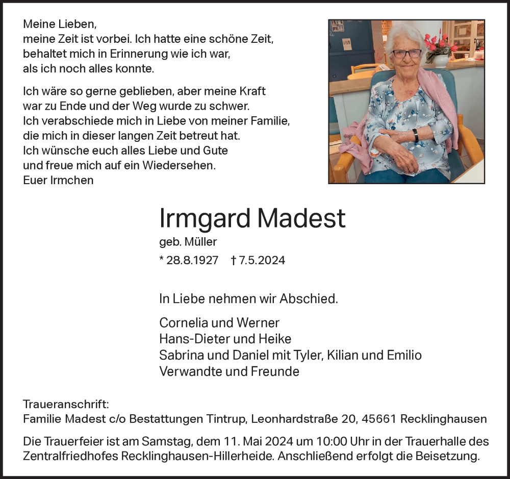  Traueranzeige für Irmgard Madest vom 10.05.2024 aus Medienhaus Bauer