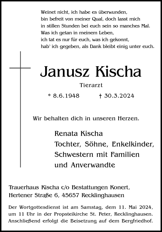 Traueranzeige von Janusz Kischa von Medienhaus Bauer