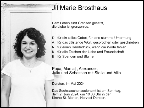 Traueranzeige von Jil Marie Brosthaus von Ruhr Nachrichten und Dorstener Zeitung