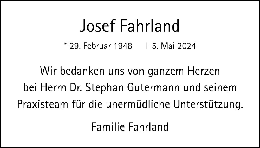  Traueranzeige für Josef Fahrland vom 11.05.2024 aus Münsterland Zeitung