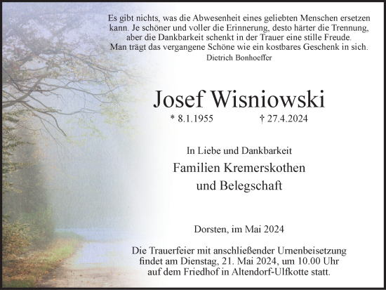 Traueranzeige von Josef Wisniowski von Ruhr Nachrichten und Dorstener Zeitung