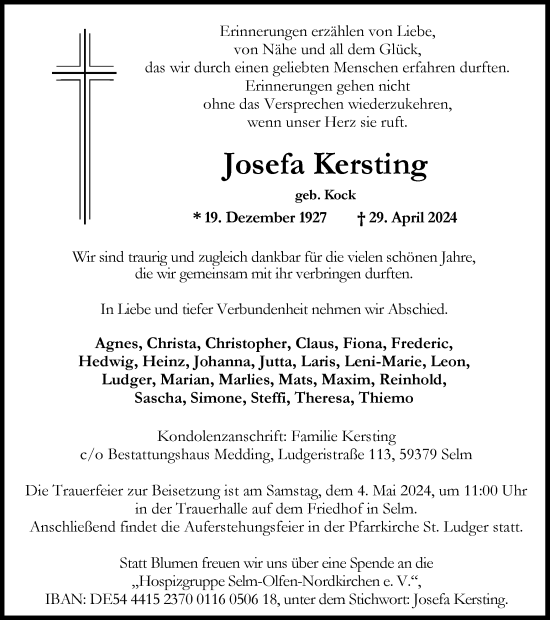 Traueranzeige von Josefa Kersting von Ruhr Nachrichten