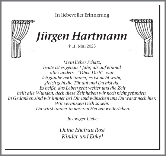 Traueranzeige von Jürgen  Hartmann 
