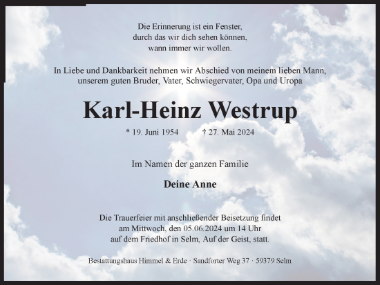 Traueranzeige von Karl-Heinz Westrup