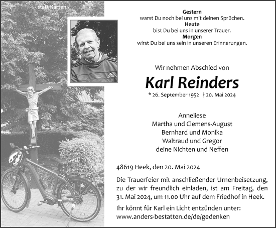 Traueranzeige von Karl Reinders