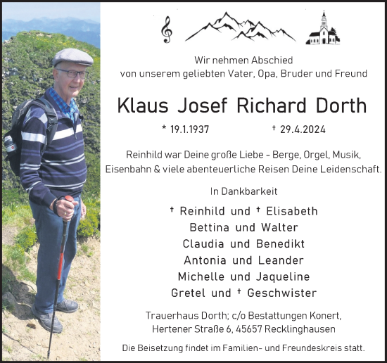 Traueranzeige von Klaus Josef Richard Dorth von Medienhaus Bauer