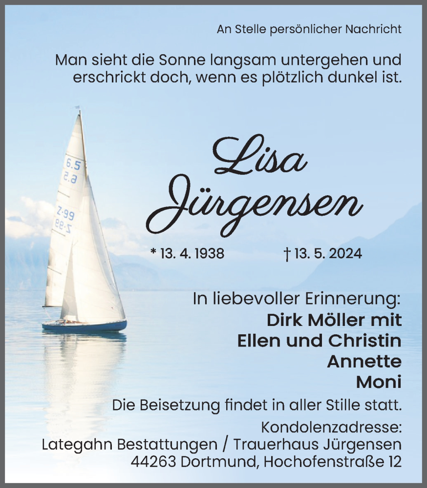 Traueranzeige für Lisa Jürgensen vom 25.05.2024 aus 