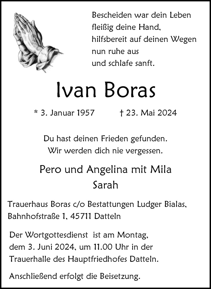  Traueranzeige für lvan Boras vom 31.05.2024 aus Medienhaus Bauer