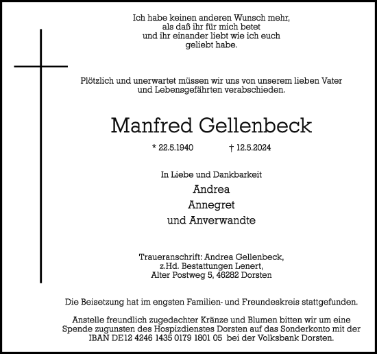 Traueranzeige von Manfred Gellenbeck von Ruhr Nachrichten und Dorstener Zeitung