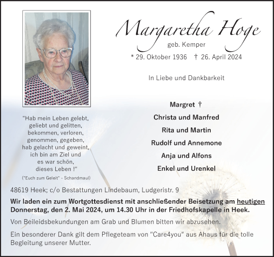 Traueranzeige von Margaretha Hoge