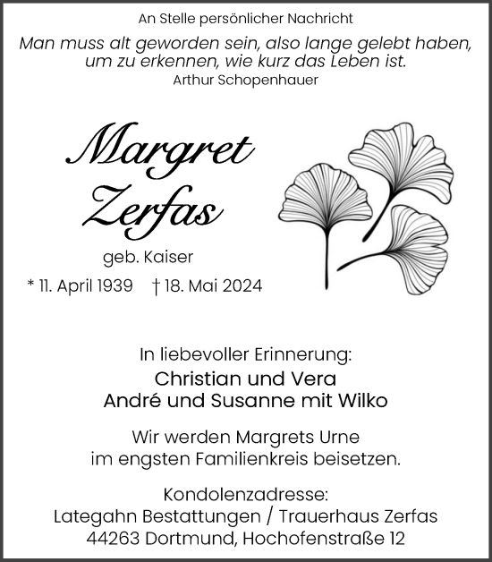 Traueranzeige von Margret Zerfas 