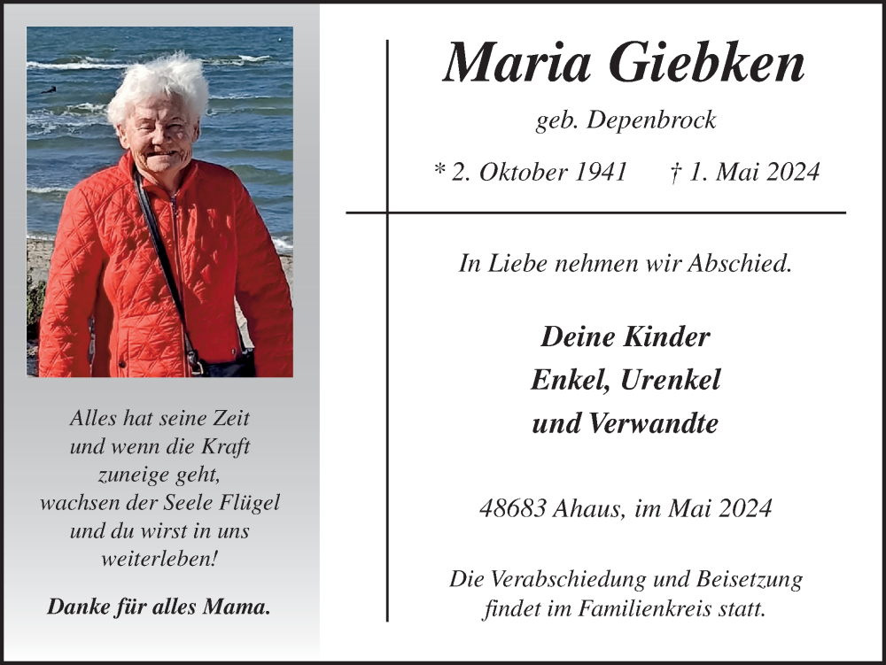  Traueranzeige für Maria Giebken vom 04.05.2024 aus Münsterland Zeitung