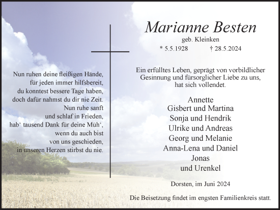 Traueranzeige von Marianne Besten von Ruhr Nachrichten und Dorstener Zeitung