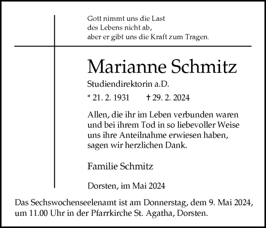 Traueranzeige von Marianne Schmitz von Ruhr Nachrichten und Dorstener Zeitung