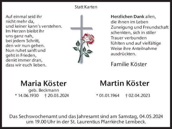Traueranzeige von Maria und Martin Köster von Ruhr Nachrichten und Dorstener Zeitung
