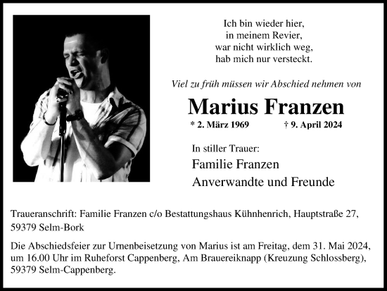 Traueranzeige von Marius Franzen von Ruhr Nachrichten
