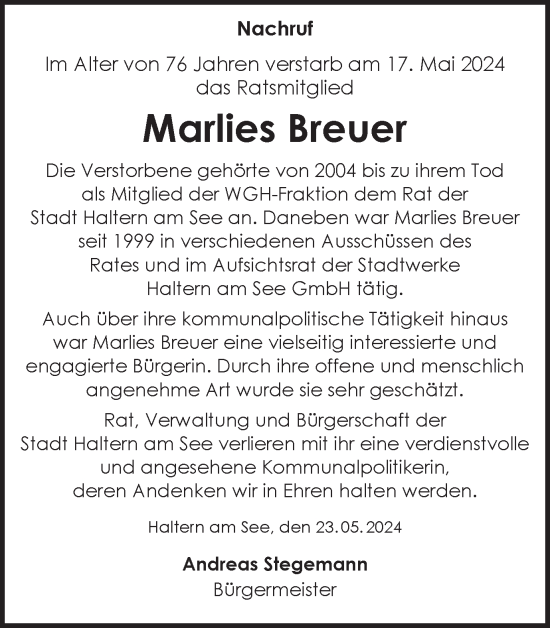 Traueranzeige von Marlies Breuer von Ruhr Nachrichten und Halterner Zeitung