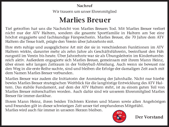 Traueranzeige von Marlies Breuer von Ruhr Nachrichten und Halterner Zeitung