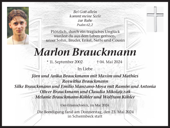 Traueranzeige von Marlon Brauckmann von Ruhr Nachrichten und Dorstener Zeitung